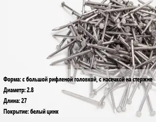 Гвоздь с большой рифленой головкой, с насечкой на стержне 2.8х27 белый цинк